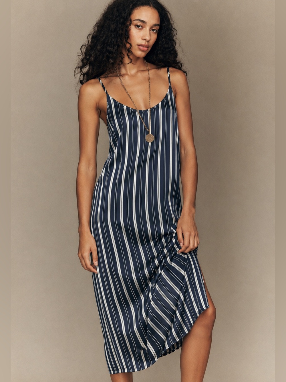 Everlane Hammered Satin Slip Dress 4 Navy Stripe Midi Side Slit